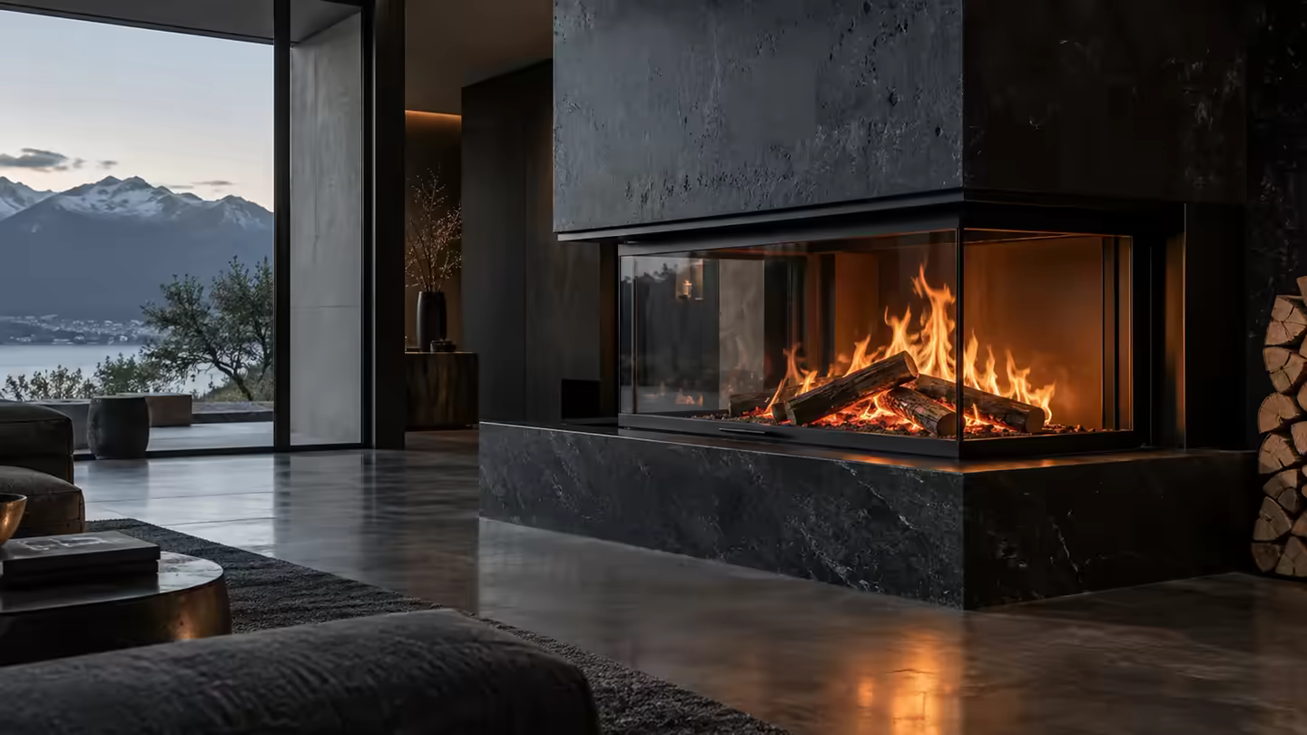 Three-sided NURTAŞ ŞÖMİNE fireplace insert in a modern interior