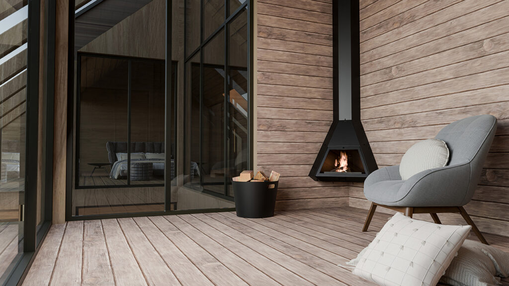 Steel Fire Arion Corner şömine ürün fotoğrafı — Traforart